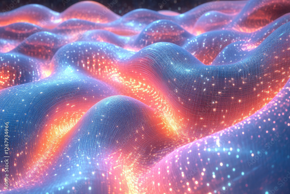 Poster Abstract digital landscape with glowing waves and vibrant colors, creating a mesmerizing visual experience.