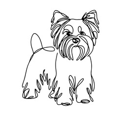 One-Line Contour Drawing of a Biewer Yorkshire Terrier with Fluffy Fur on Face and Paws, Ears Raised, Tail Curled Up in Minimalist Style