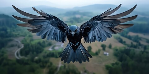 Fototapeta premium A magical bird of prey glides effortlessly through the spring sky, wings fully extended, revealing vibrant feathers as it surveys the scenic landscape below