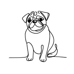 One-Line Contour Drawing of a Pug Dog Sitting with Big Eyes and Short Ears, Line Transitions to the Ground in Minimalist Design