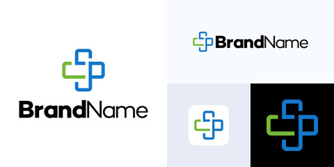 Obraz premium Minimalist medical health cross logo concept, Letter CP logo design, Simple modern and eye-catching, Health clinic logo, Plus digital icon symbol, green color vector illustration template.