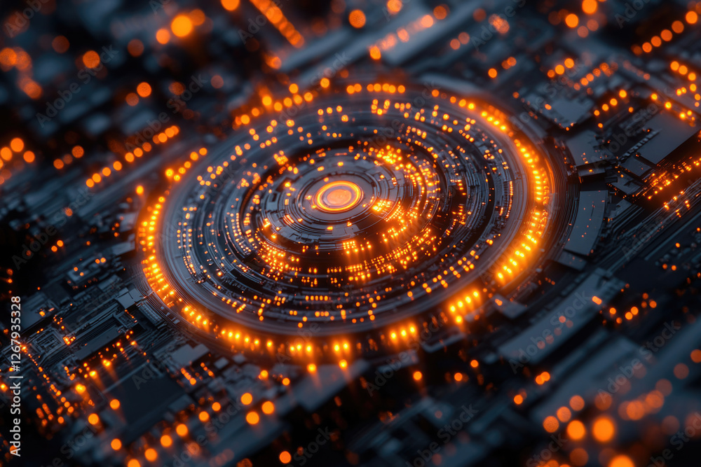 Poster abstract digital artwork depicting a futuristic circuit board with glowing orange lights, resembling