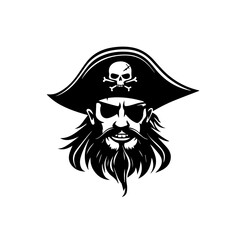 Black and White Image of a Pirate’s Head with Long Beard, Mustache, Skull Hat, Eye Patch, and Earring