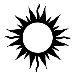 Black Silhouette of the Sun with Long, Pointed Rays, Creating a Flame-Like Effect Around a Hollow Center, Symbolizing Energy, Power, and Heat, Abstract Representation of Solar Force and Natural Power
