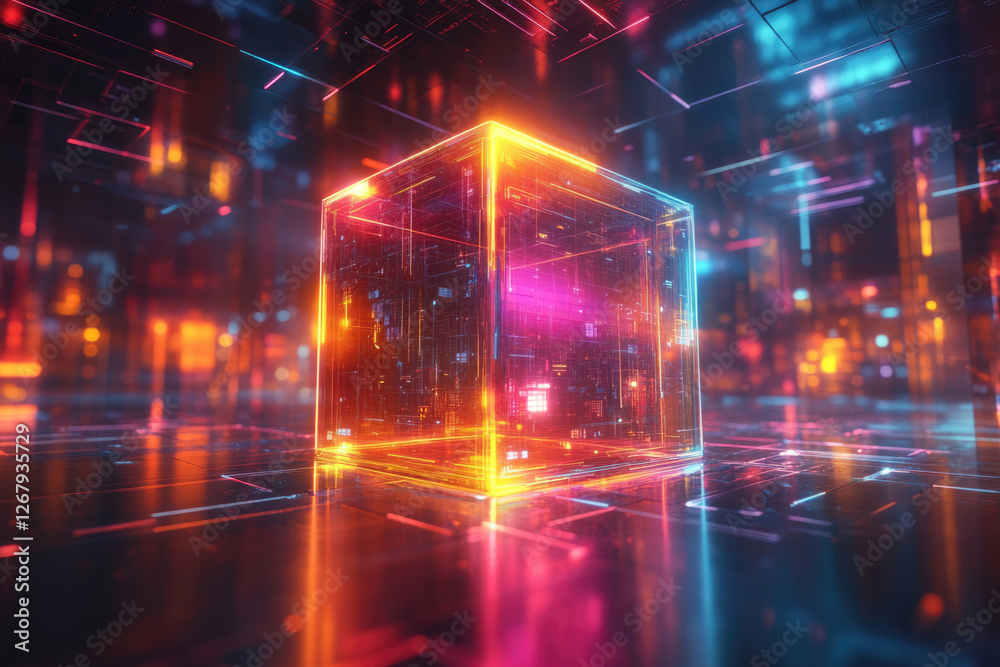Poster a glowing translucent cube filled with vibrant circuitry sits on a reflective surface in a futuristi