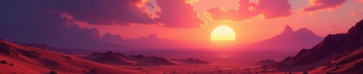 Obraz premium Desert planet landscape with spacecraft approaching sunset, exploration, landscape, purple clouds