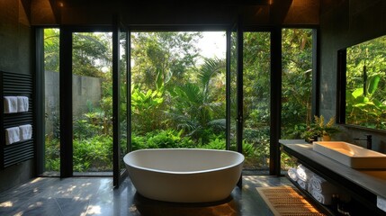 Luxurious bathroom with freestanding tub and jungle view.