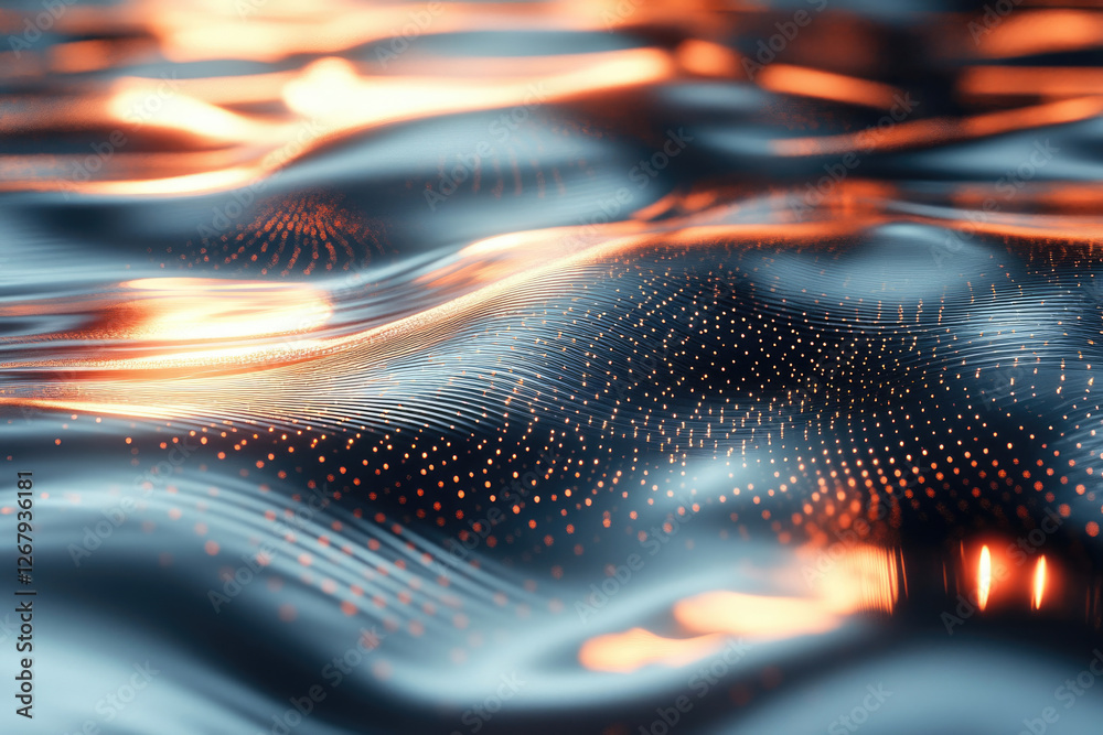 Poster abstract wave-like surface with glowing orange particles, digital art, futuristic technology.