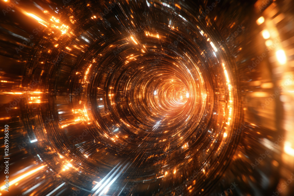 Poster a mesmerizing journey through a glowing orange tunnel of light and energy, creating a futuristic, ab