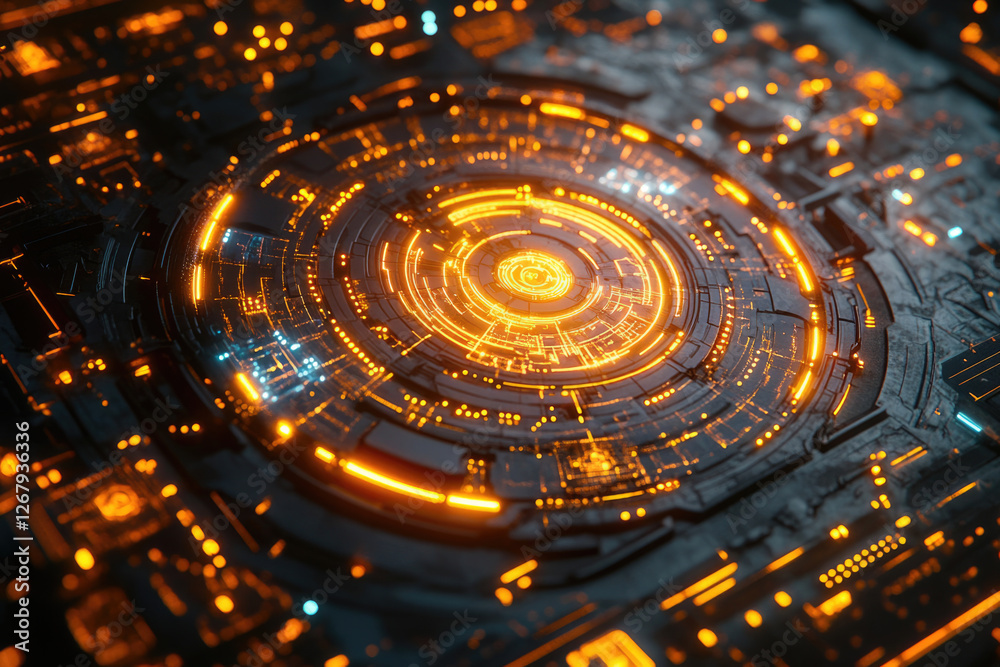 Aufkleber Futuristic circular technological interface with glowing orange lines and dark metallic surface.