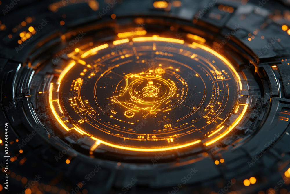 Poster Glowing orange futuristic interface, complex technological design, circular sci-fi element.