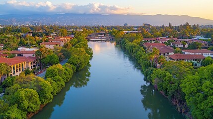 Riverfront homes, sunset view, mountains background