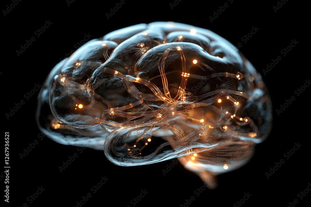 Poster A translucent brain model with illuminated neural pathways, symbolizing complex thought processes and neural connections.
