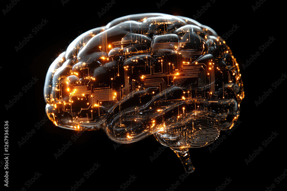 Poster A transparent brain model with glowing circuit board pathways, representing artificial intelligence and neural networks.