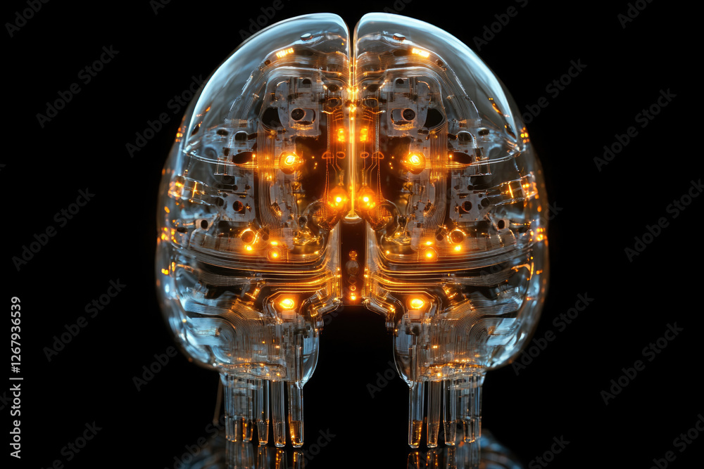 Poster Transparent robotic brain with illuminated internal circuitry, representing artificial intelligence and technological advancement.