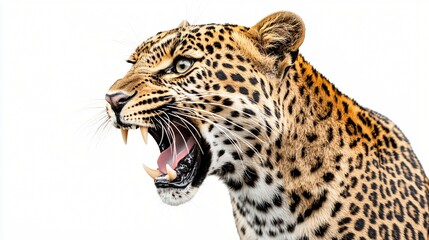 Fototapeta premium Roaring Leopard, Wildlife, Africa, White Background, Nature Photography