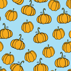 Seamless pattern with pumpkins on color background. Vector hand drawn sketched pumpkin. Autumn illustration for holidays, Halloween. Various food items in doodle style.