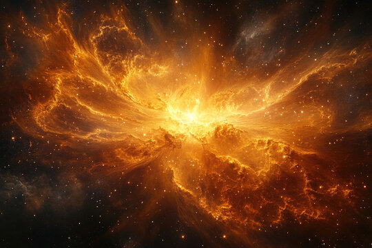 Fiery cosmic nebula with swirling orange and gold clouds, stars scattered across the deep space.
