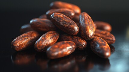 Obraz premium Roasted cocoa beans pile, dark background, food photography, recipe ingredient