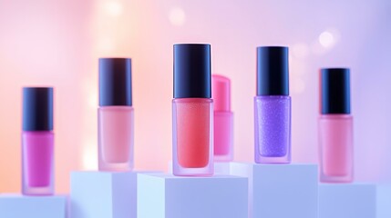 Vibrant nail polish bottles on display against soft pastel background