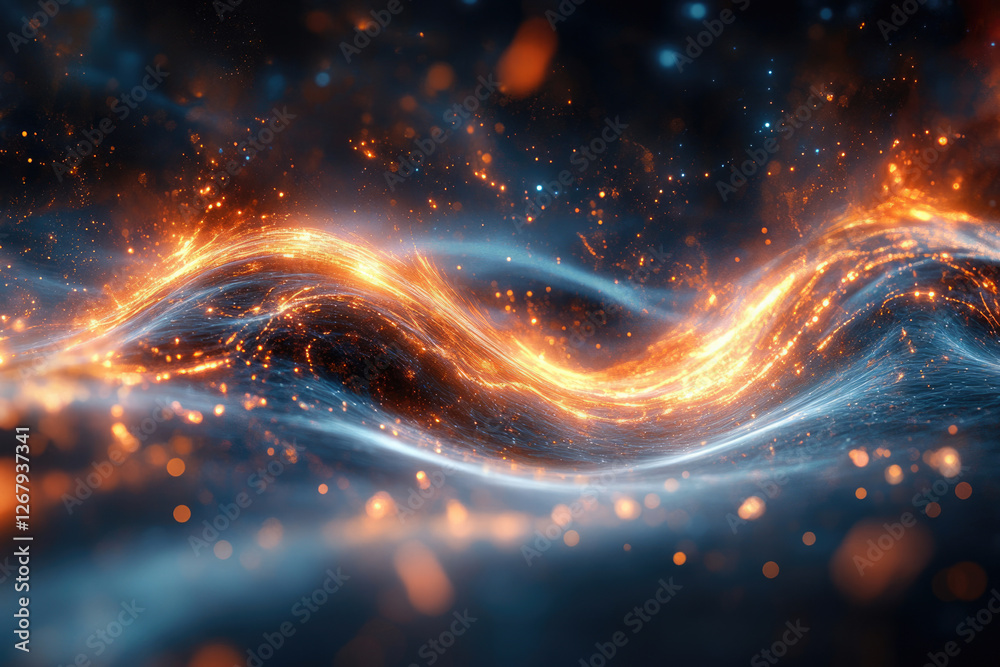 Aufkleber abstract cosmic wave of glowing particles, fiery orange and cool blue, creating a mesmerizing visual