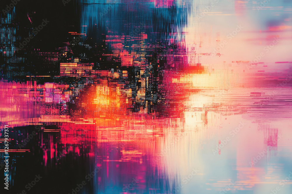 Poster Abstract digital art with glitch effect, vibrant colors and textured layers creating a futuristic cityscape.
