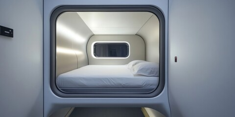 Obraz premium Futuristic Capsule Hotel Room: Modern Minimalist Design