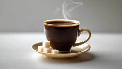 Obraz premium Steaming coffee cup with sugar cubes on saucer