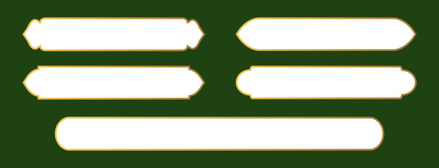 Set Luxury Islamic banner in golden frames text box, title frame template. Infographics design element related to Arabic cuture. Set of white web buttons on green background. Luxury gold islamic label