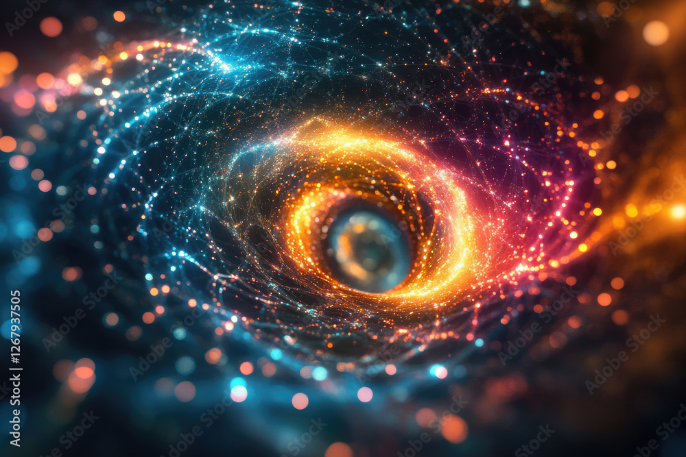 Poster abstract swirling vortex of vibrant colors and glowing particles, resembling a cosmic nebula or ener