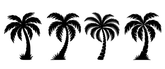 palm or coconut tree silhouette. simple tropical palm trees on white for vacation, holiday, luxury, picnic, beach, sea shore etc concept. palm trees for web, app, ui, design, decoration, art etc.