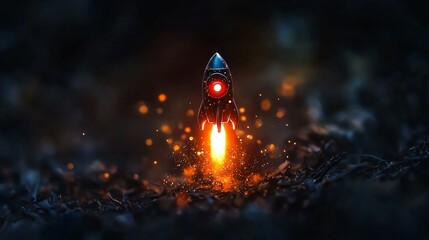Rocket launch, dark background, sparks, ambition