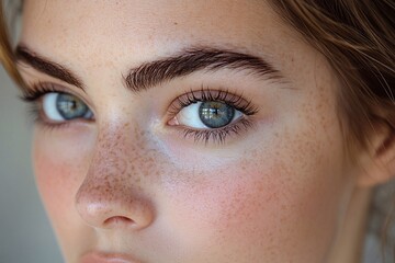 Fototapeta premium A close-up of a professional applying permanent makeup on a client’s eyebrows, with focus on the detailed precision of the procedure, soft lighting highlighting the face and brow.