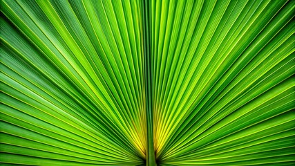 Fototapeta premium Close-up of a vibrant green palm leaf with intricate texture and symmetrical pattern, creating a tropical and organic nature-inspired background.