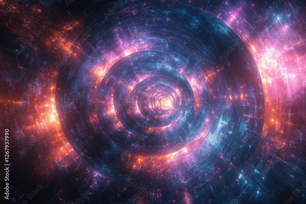 Poster abstract fractal art depicting a swirling tunnel of light and energy, conveying a sense of depth and