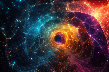 Fototapeta premium A mesmerizing cosmic tunnel of vibrant colors and swirling nebulae, representing the vastness of space and the mysteries within.
