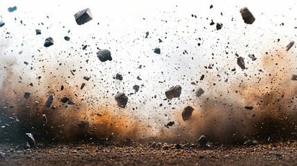 Rocks explode, dust cloud, ground, debris, destruction, impact