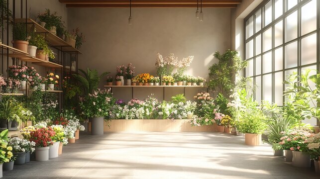 empty shop interior with fresh flowers and vintage floral decoration in a plant store, offering a nature-inspired botanical blossom market experience