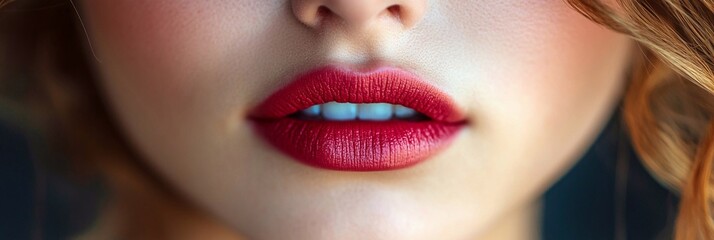 Fototapeta premium A confident woman with newly enhanced permanent makeup on her lips, showing off her vibrant, flawless lip color.