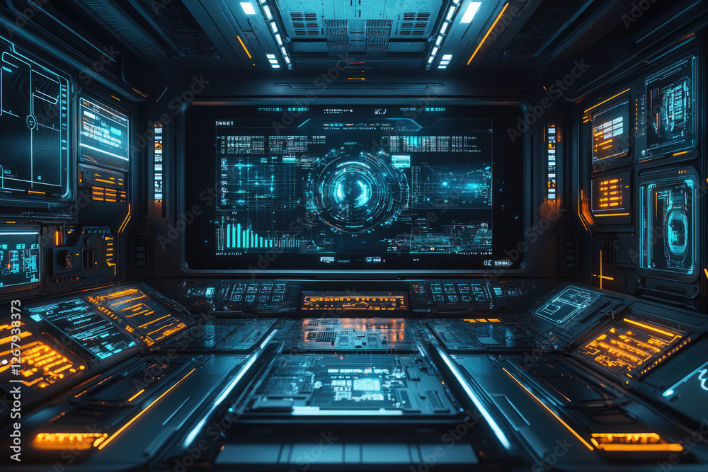 Aufkleber Futuristic spaceship bridge control room with glowing digital interfaces and monitors displaying complex data.