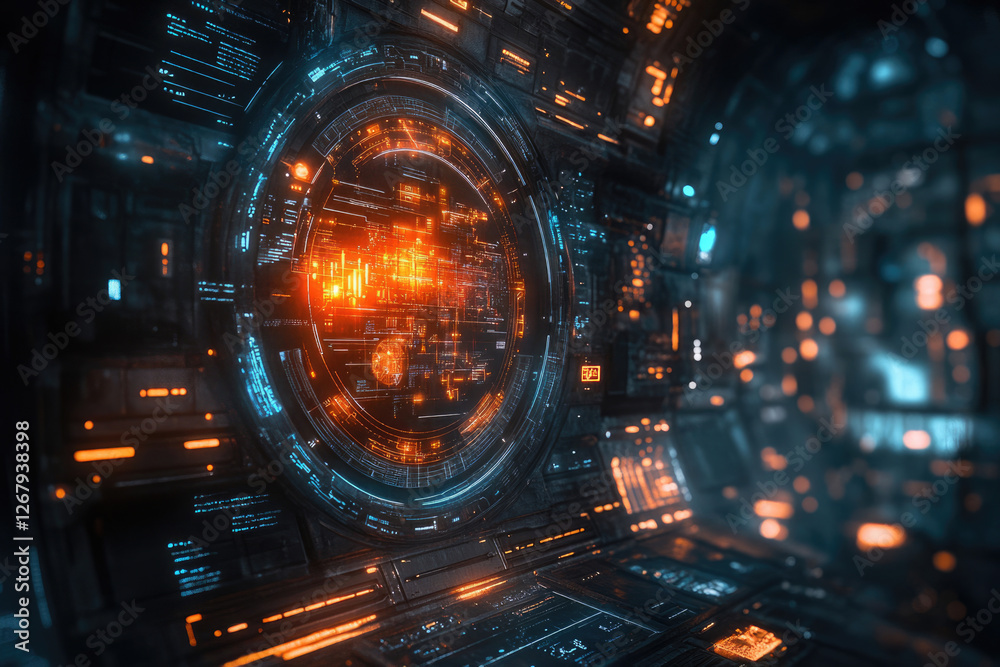 Poster Futuristic digital interface with glowing orange and blue elements, intricate circuitry and complex data displays.