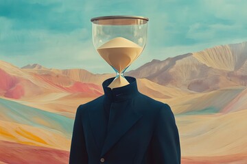 Surreal figure with an hourglass head in a colorful desert landscape during daytime