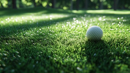 golf ball resting on vibrant green grass of a golf course on a sunny day, perfect for an outdoor sports session, offering a relaxing and scenic golfing experience