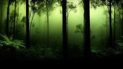 Obraz premium Mystical green forest shrouded in fog, tall trees and lush ferns.