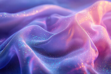 Obraz premium Close-up of iridescent fabric with glitter, displaying soft, flowing texture and pastel purple and pink hues.