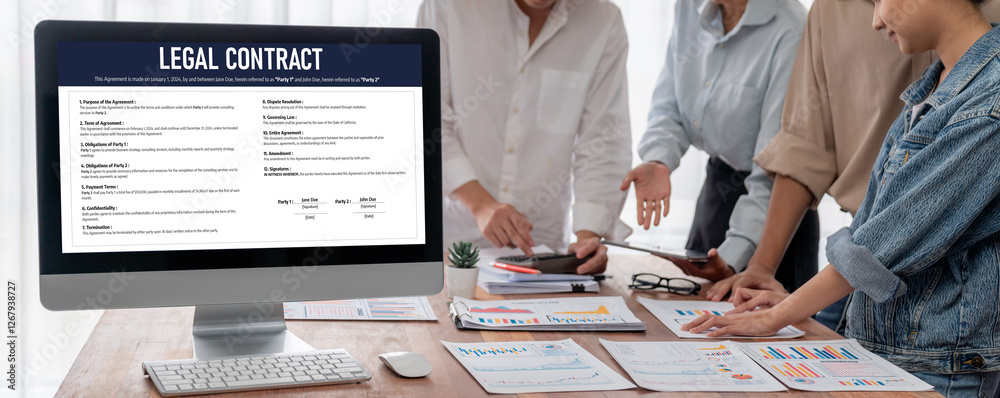 Poster digital legal contract provide terms and conditions document on computer screen ready for online dig