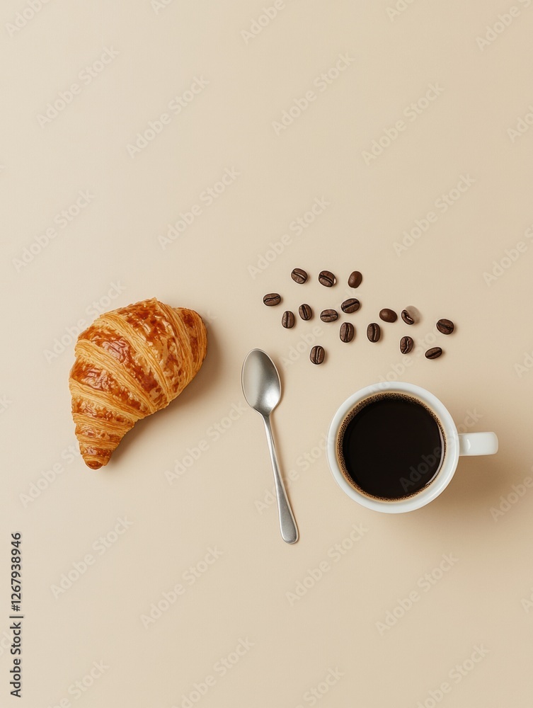 Poster freshly brewed coffee with a buttery croissant and coffee beans on a neutral background at breakfast