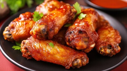 Delicious glazed chicken wings on a plate.