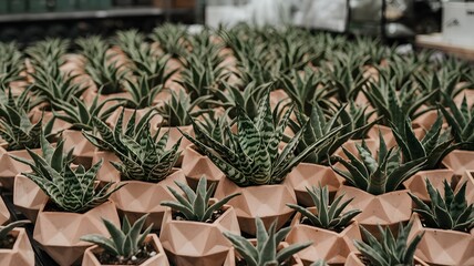 Fototapeta premium Haworthia plants arranged in small, geometric pots.