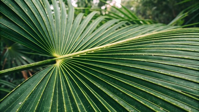 Close-up of a vibrant green palm leaf with intricate texture and symmetrical pattern, creating a tropical and organic nature-inspired background. - Powered by Adobe